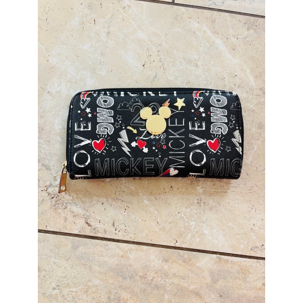 Disney Mickey Mouse Graffiti Print Zip Around Wallet Black Gold Tone Clutch